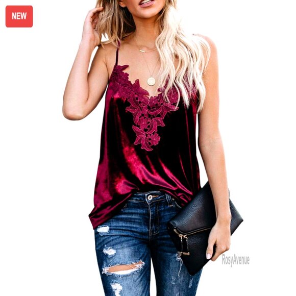 Tops - Velvet V-Neck Lace Cami Tank Top, Sexy Flare Style